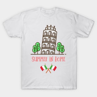 Summer in Rome! Against the background of the Tower of Pisa in Pisa, province of Lazio. T-Shirt